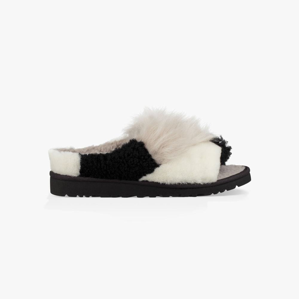 Tong UGG Patchwork Fluff Femme Noir Soldes 520LZTIQ